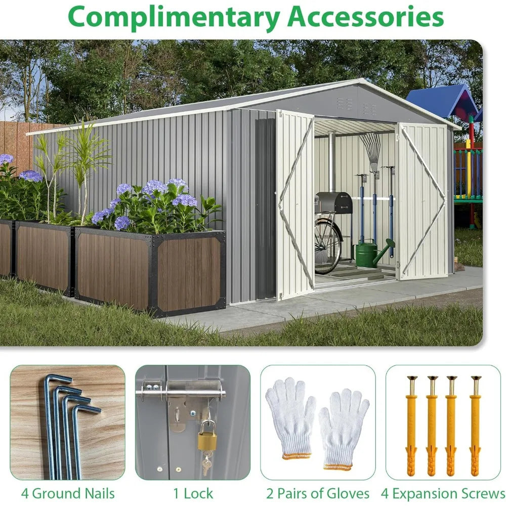 11' x 13' Outdoor Metal Storage Shed with Floor Frame Base, Galvanized Steel Garden Shed with 4 Vents