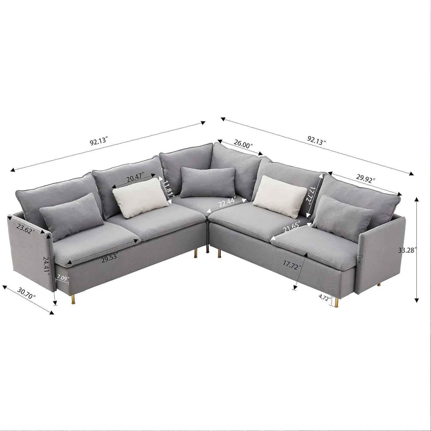 92 × 92'' Modular Sectional Couch, Boucle Teddy Fabric Corner Sofa, L Shaped Sectional Sofa 5-Seater Couch with Gold Metal Legs