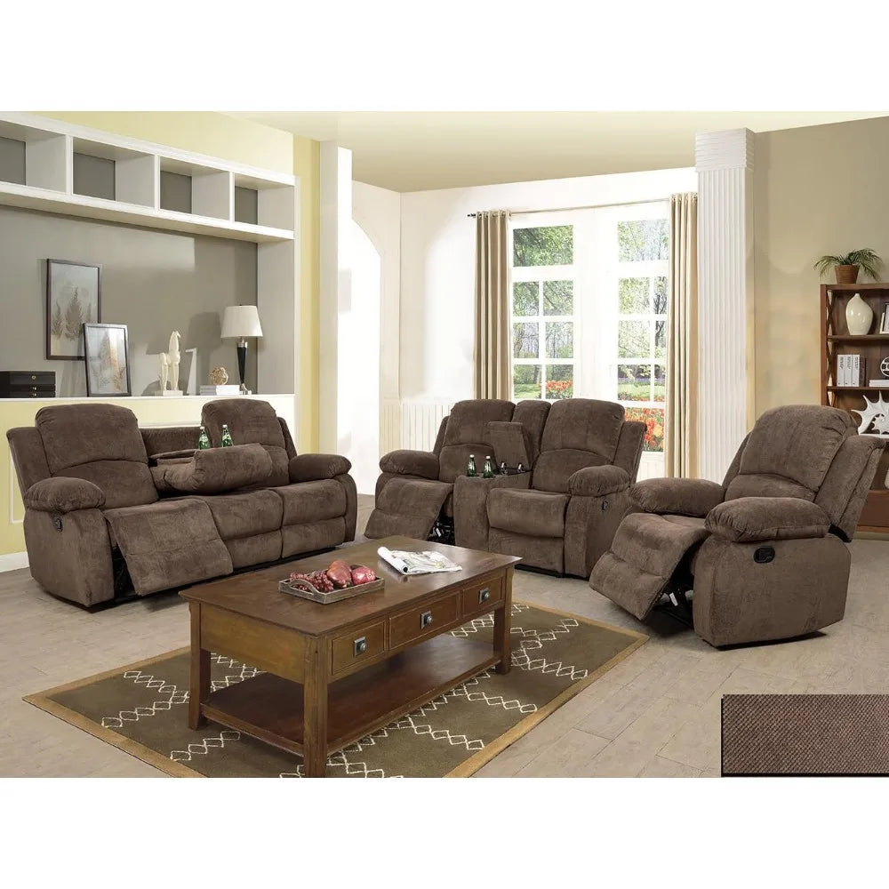 Sofa Set Living Room Furniture Reclining Couch Set with Cup Holders/Storage Console/Drop Down Table Fabric Recliner Sofa Set