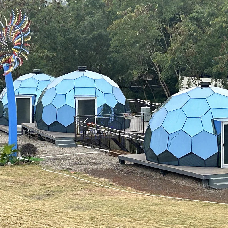 Tente d'hôtel en verre bleu Ford, maison hexagonale en verre trempé, igloo, cadre en aluminium géodésique, complexe de luxe en plein air, camping rond