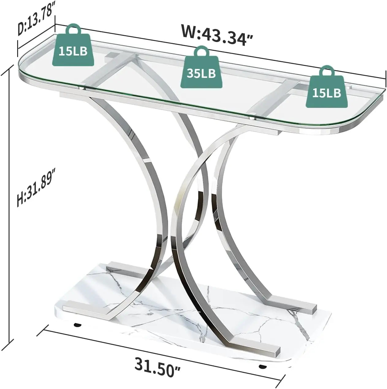 MEUBLES Tables consoles en verre argenté pour l'entrée, table d'entrée en verre avec cadres incurvés et base en marbre, entrée moderne