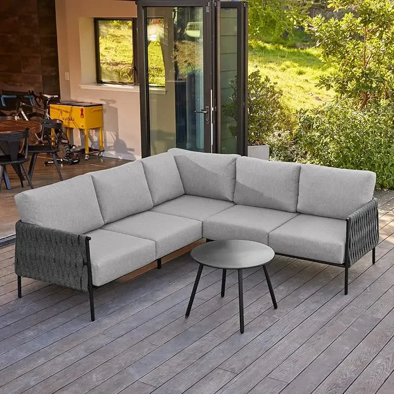 Qeast Oak Life chatter patio set 5 pieces, outdoor furniture 5-seat sofa with two round coffee table, waterproof thick