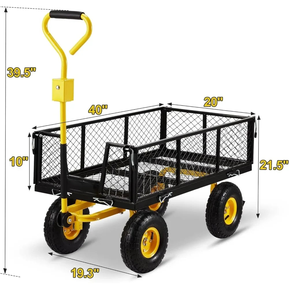 Carro negro con laterales desmontables, carros de camping, carro de granja con asa ajustable a 180° para jardín, carro de jardín de acero