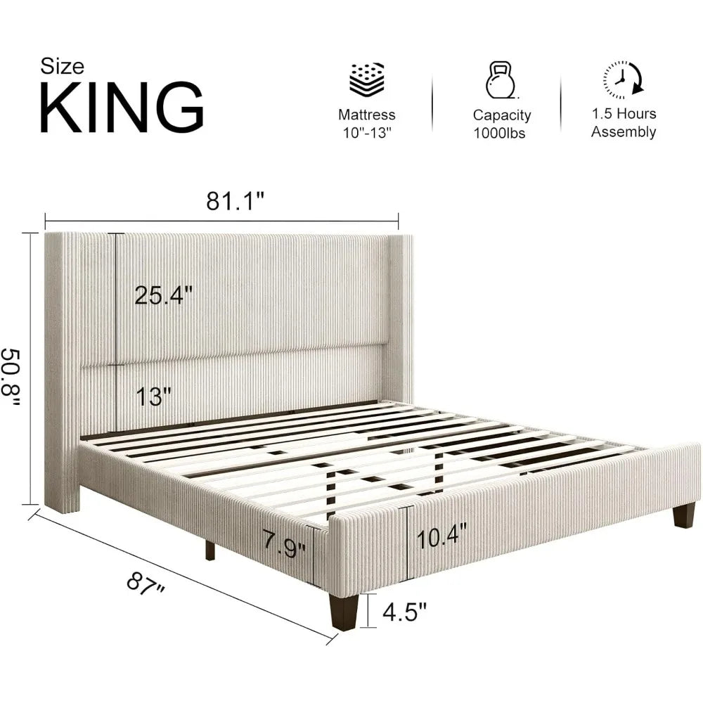 Marco de cama tapizado tamaño king, cama con respaldo alto y cabecera de 50,8", patas de pana/madera maciza/no necesita somier