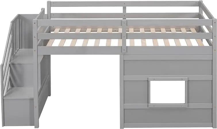 Cama loft doble de tamaño doble para niños, cama loft doble con escalera de almacenamiento y ventana, estructura de cama de madera para adolescentes, niños y niñas (gris)