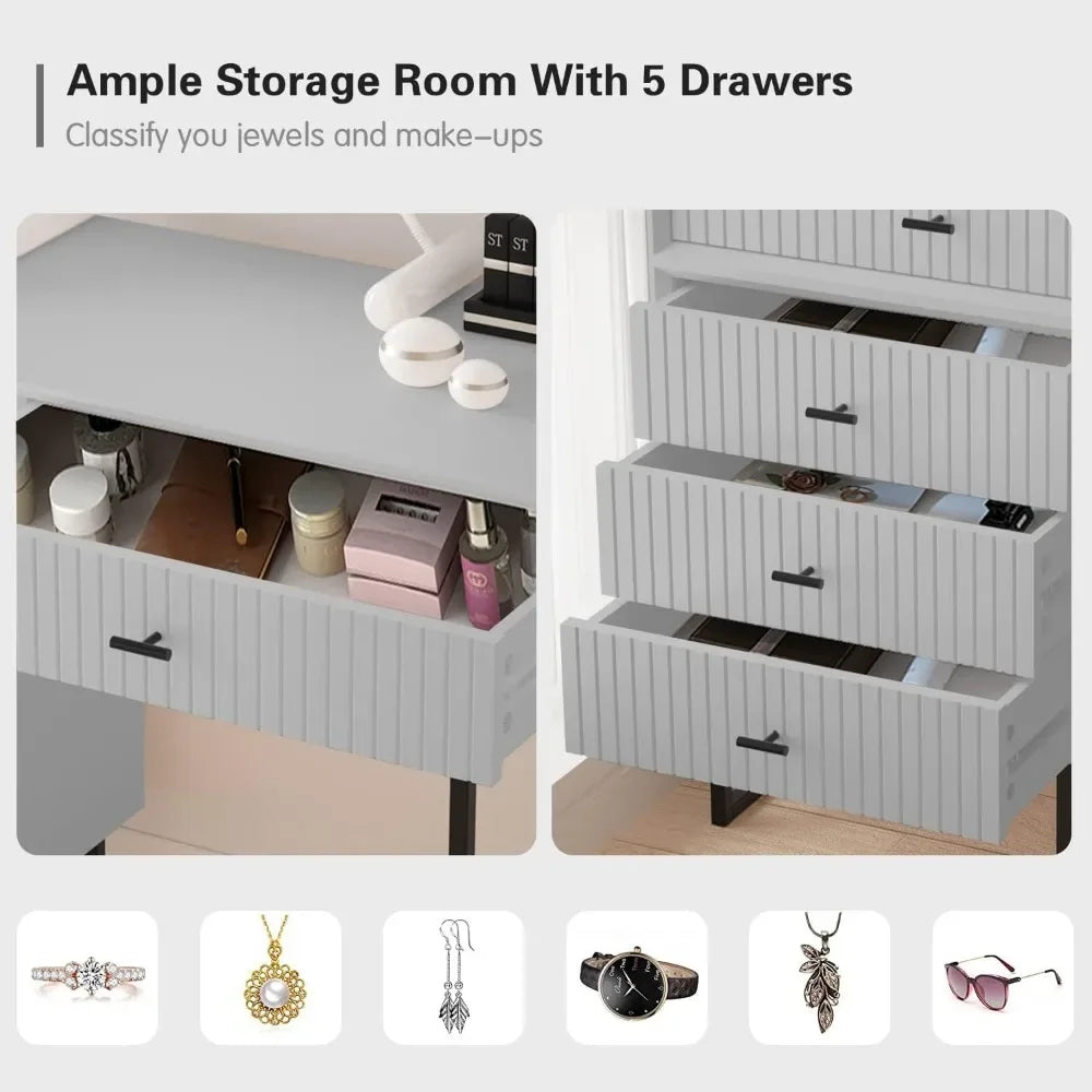 Gray Makeup Vanity Desk Set with Drawers, Modern Makeup Dressing Table Bedroom Vanity Sets Storage Dresser Furniture Set Grey