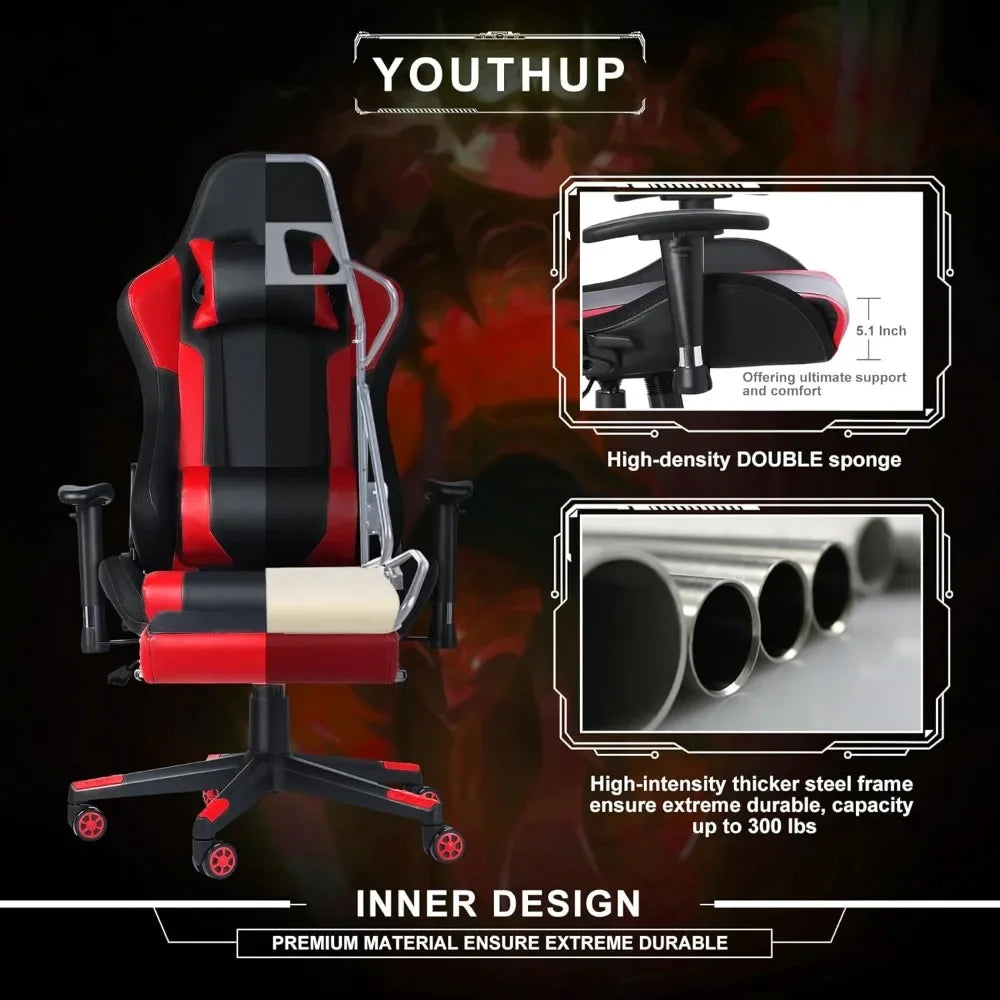 Red gaming chair with speaker, RGB LED lights, and rotatable footstool, with lumbar support headrest armrest,  GM