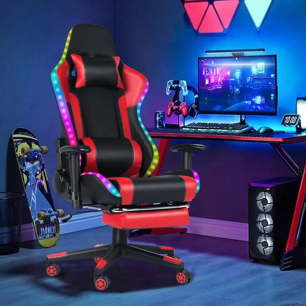 Red gaming chair with speaker, RGB LED lights, and rotatable footstool, with lumbar support headrest armrest,  GM