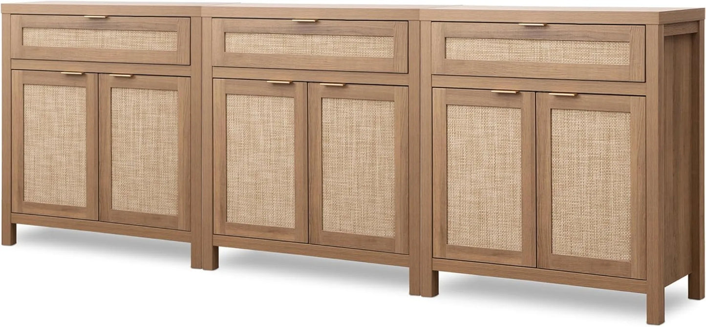 Rattan Credenza Storage Cabinet Buffet Table Console Cabinet with Drawer, Farmhouse Coffee Bar Cabinet for Entryway