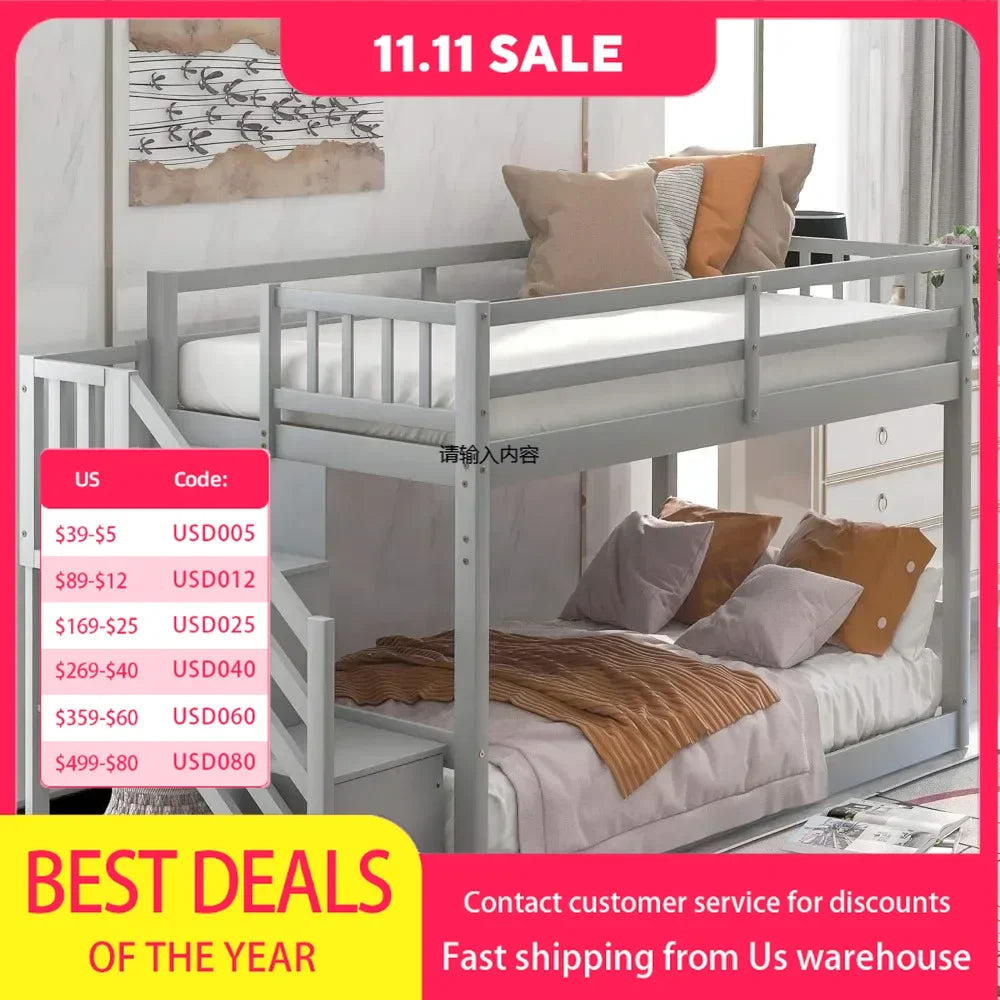 Bunk Bed with Storage Staircase, Twin Size Bunk Bed for Kids, Teens, No Box Spring Needed (Gray) furniture bedroom  kids bed