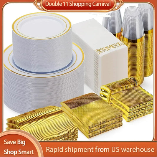 700 Piece Gold Dinnerware Set for 100 Guests, 100 Gold Rim Dinner Plates,Dessert Plates, Paper Napkins, Cups