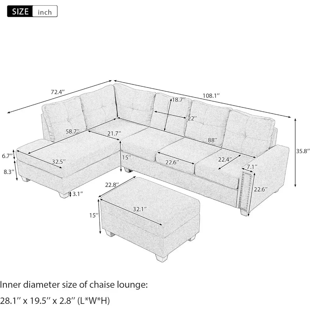 Pouf de rangement modulaire en forme de L et chaise longue, canapé d'angle surdimensionné confortable avec porte-gobelet, meubles de salon en tissu