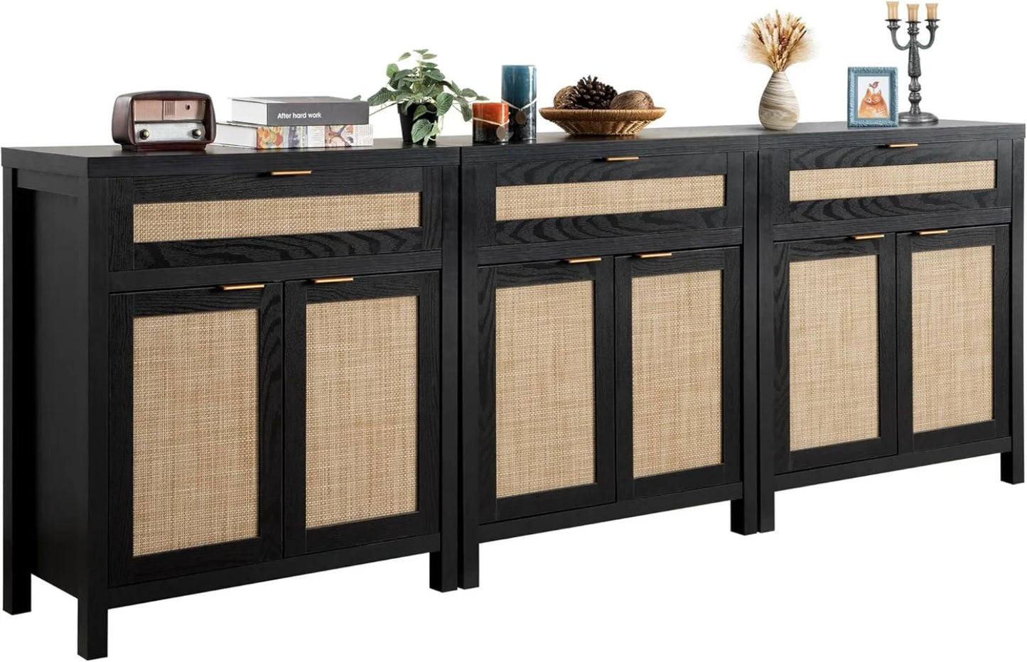 Rattan Credenza Storage Cabinet Buffet Table Console Cabinet with Drawer, Farmhouse Coffee Bar Cabinet for Entryway