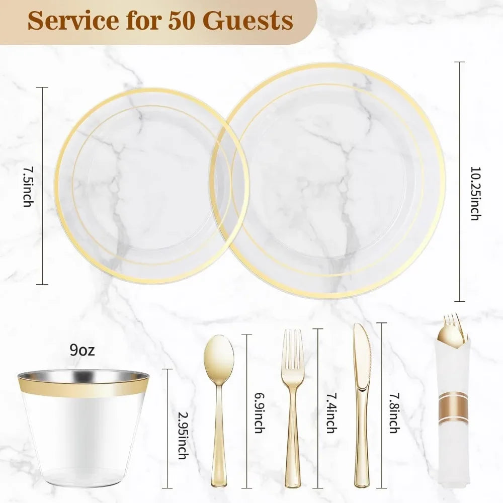 350PCS Gold Dinnerware Set, Disposable Party Plates for 50 Guests,  Plastic Plates, Rolled Napkins, Cups