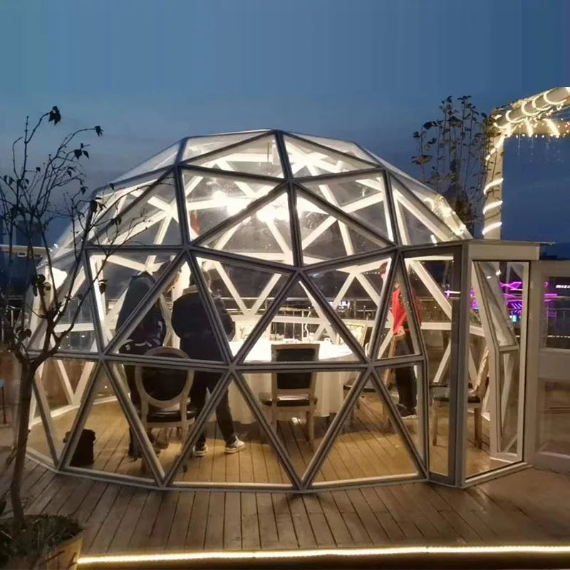 Dôme géodésique en verre transparent avec isolation, 2 pièces, structure en alliage d'aluminium pour l'aviation, tente igloo pour chambres d'hôtel