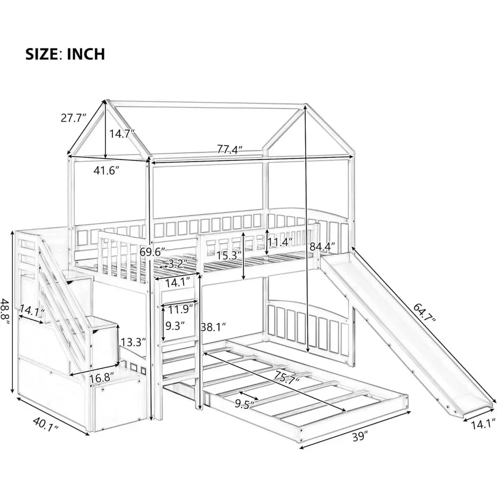 Bunk Bed Frame with Two Drawers,Slide,Stairs and Guardrails,White,Solid Wood Bed Frame w/ Staircases and Guardrail for Children