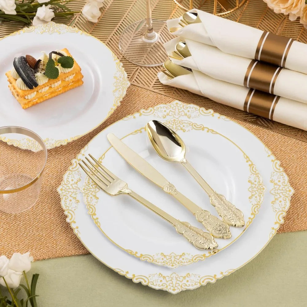 350PCS Gold Plastic Plates for 50 Guests,100 Gold Rim Plastic Plates, 50 Silverware, 50 Pre Rolled Napkins for Party