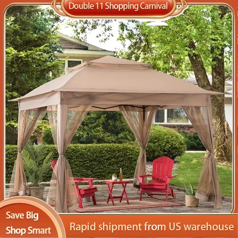 11x11 ft. Pop-Up Instant Gazebo, Outdoor Portable Steel 2-Tier Top Canopy/Tent with Netting and Carry Bag, Patio Umbrellas Tents