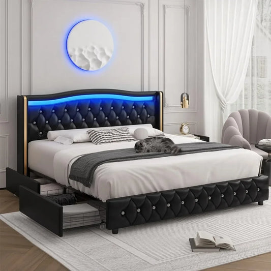 Marco de cama con plataforma LED inteligente King con 4 cajones de almacenamiento, cabecero con alas con botones de cristal y detalles en oro inoxidable, camas