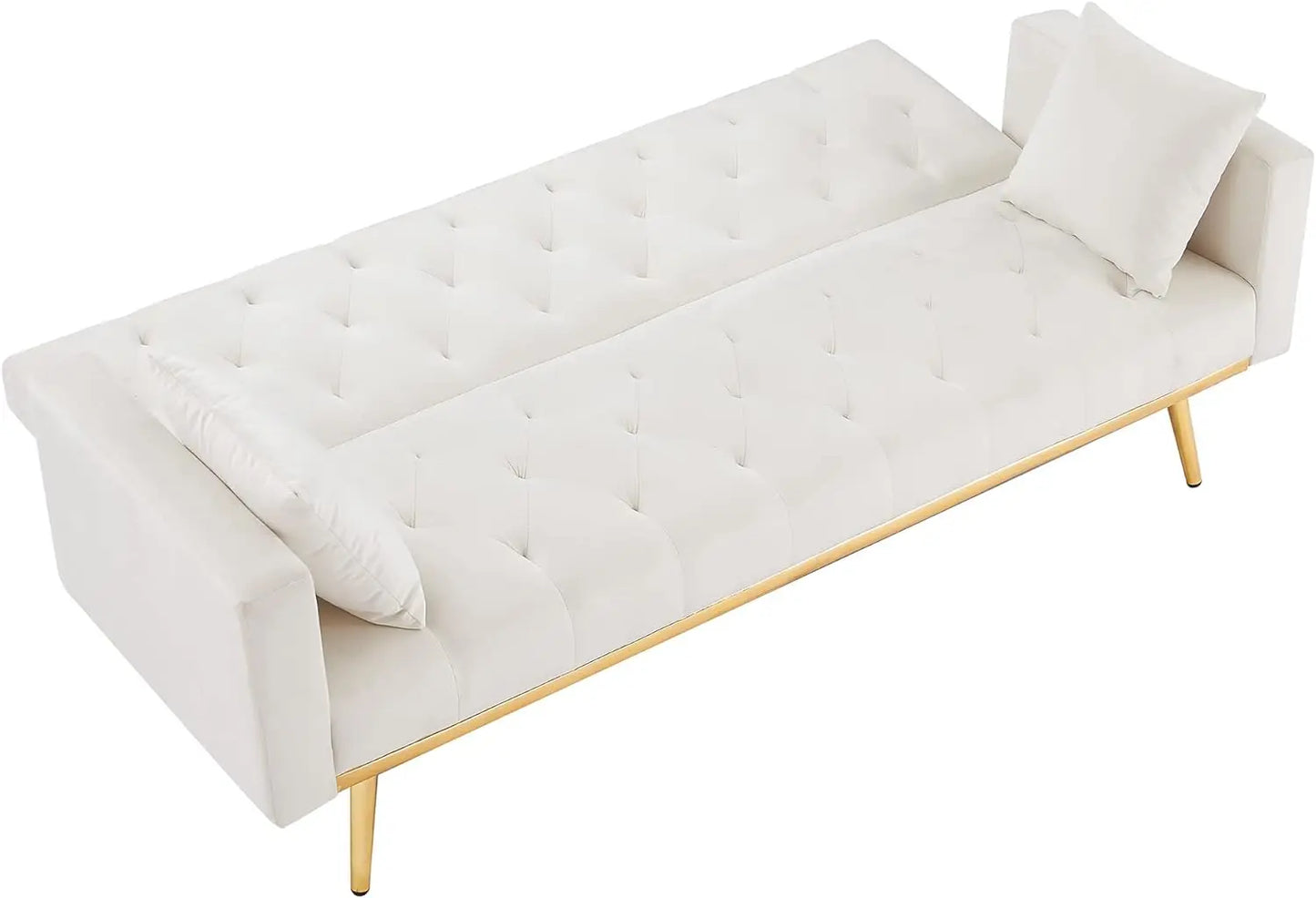 Convertible Velvet Futon Sofa Bed,Sleeper Sofa Couch with Two Pillows and Golden Metal Legs for Living Room