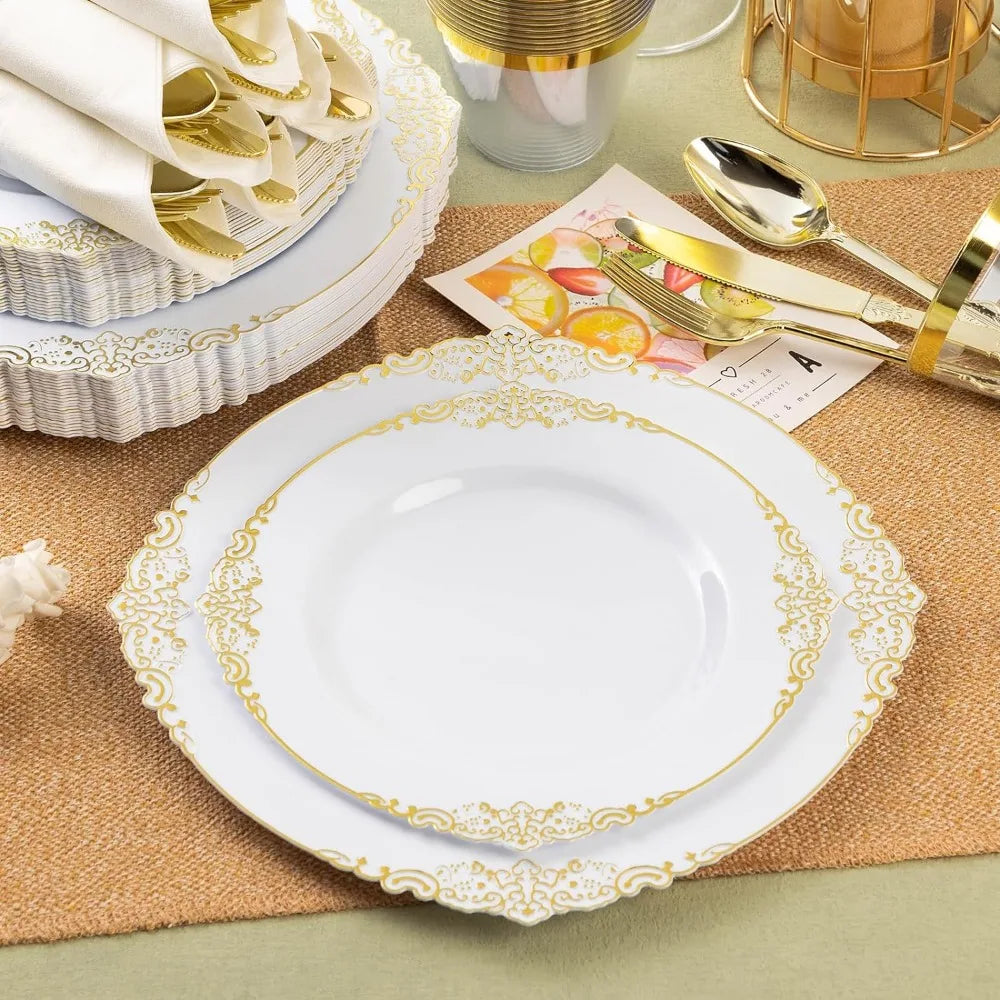 350PCS Gold Plastic Plates for 50 Guests,100 Gold Rim Plastic Plates, 50 Silverware, 50 Pre Rolled Napkins for Party