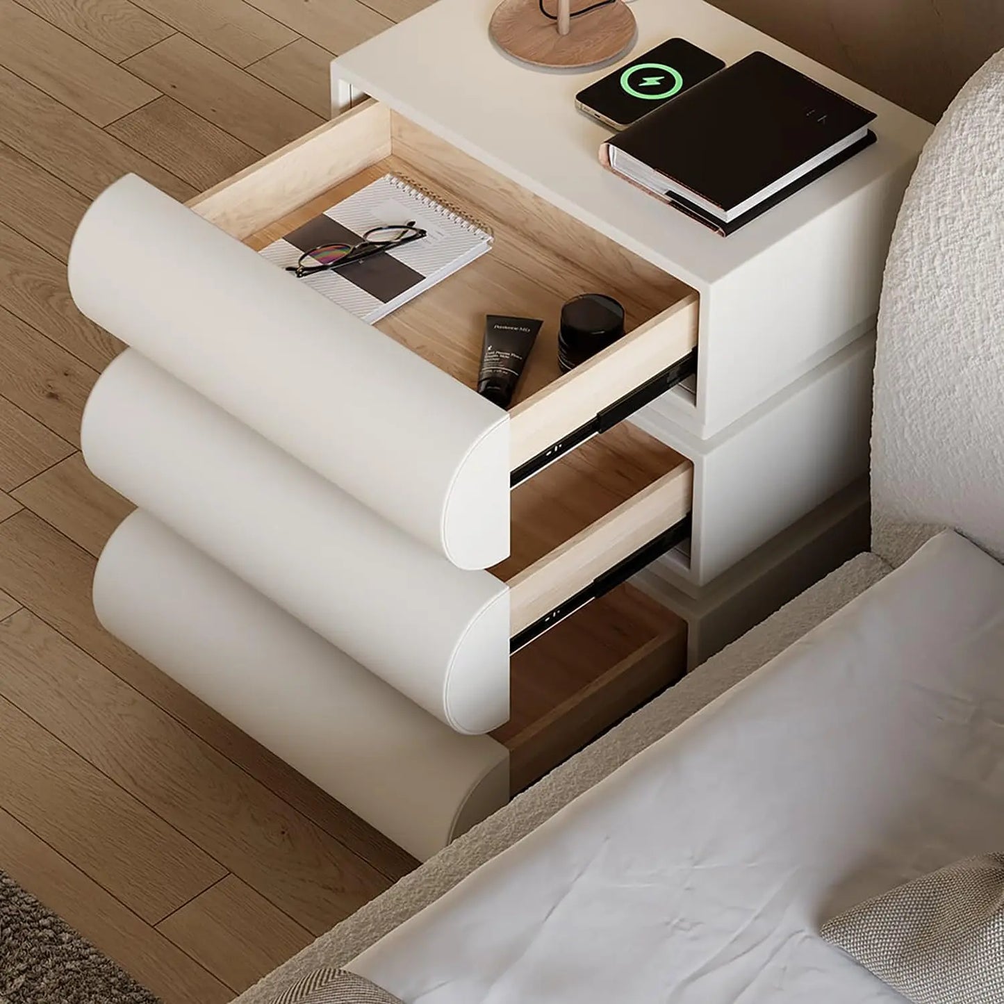 Smart Nightstand with Drawers Modern White Leather Nightstands with Wireless Charger Bedside Table with Drawers for