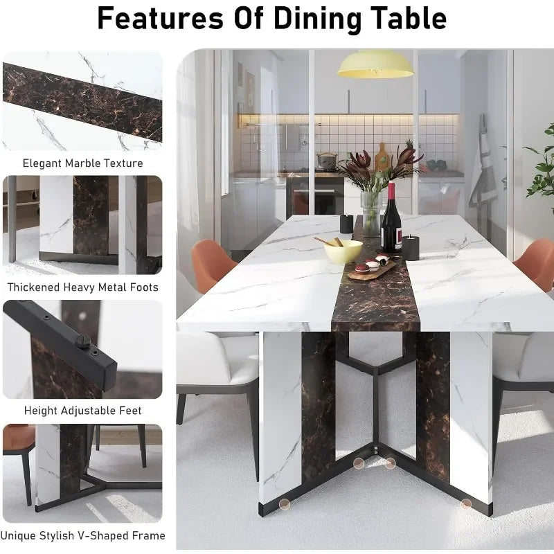 71" Large Luxurious Rectangular White Dining Table for 6 8 10 People W/Marble-Color Wood Tabletop,Metal Adjustable Leg