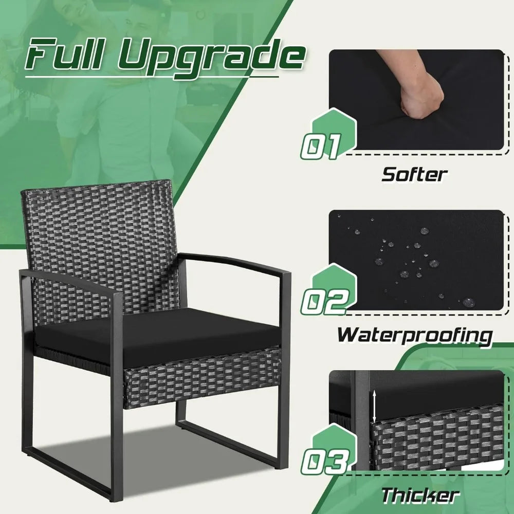 Balcony 3 Piece Furniture Table Garden Backyard Outdoor Patio Use Porch Chairs Cushioned PE Wicker Bistro Set Rattan (Black)