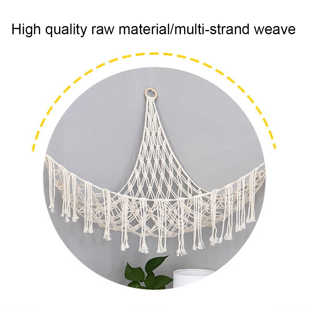 Boho Plush Toy Hammock Triangular Shape Hanging Mesh Storage Basket Cotton Tassels Wall Net for Bedroom Living Room