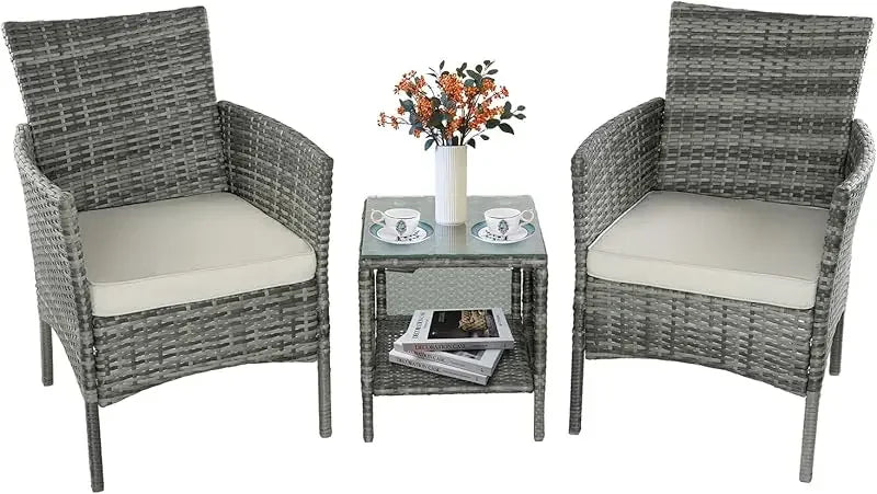 QJRBIAO Conversation Furniture 3-Piece Set PE Rattan Wicker Chair with Table Suitable for Patio, Poolside, Lawn and Other