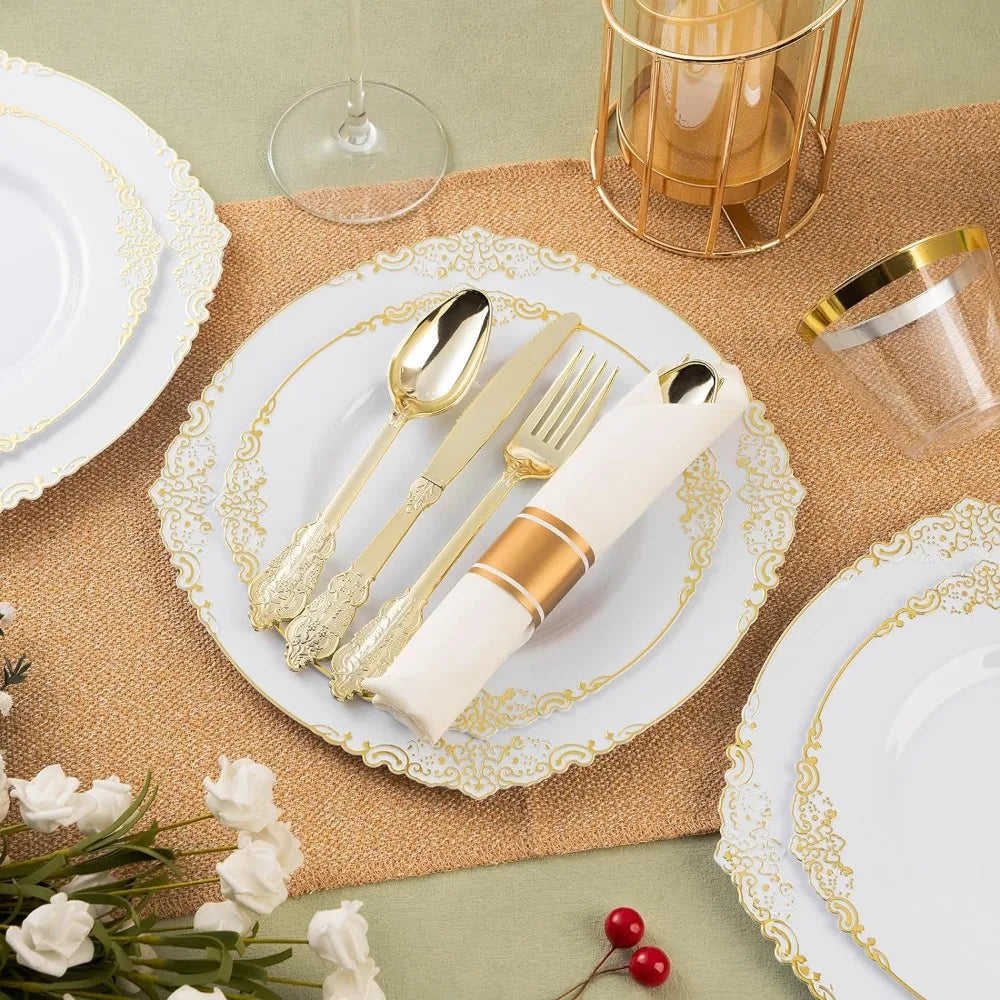 350PCS Gold Plastic Plates for 50 Guests,100 Gold Rim Plastic Plates, 50 Silverware, 50 Pre Rolled Napkins for Party