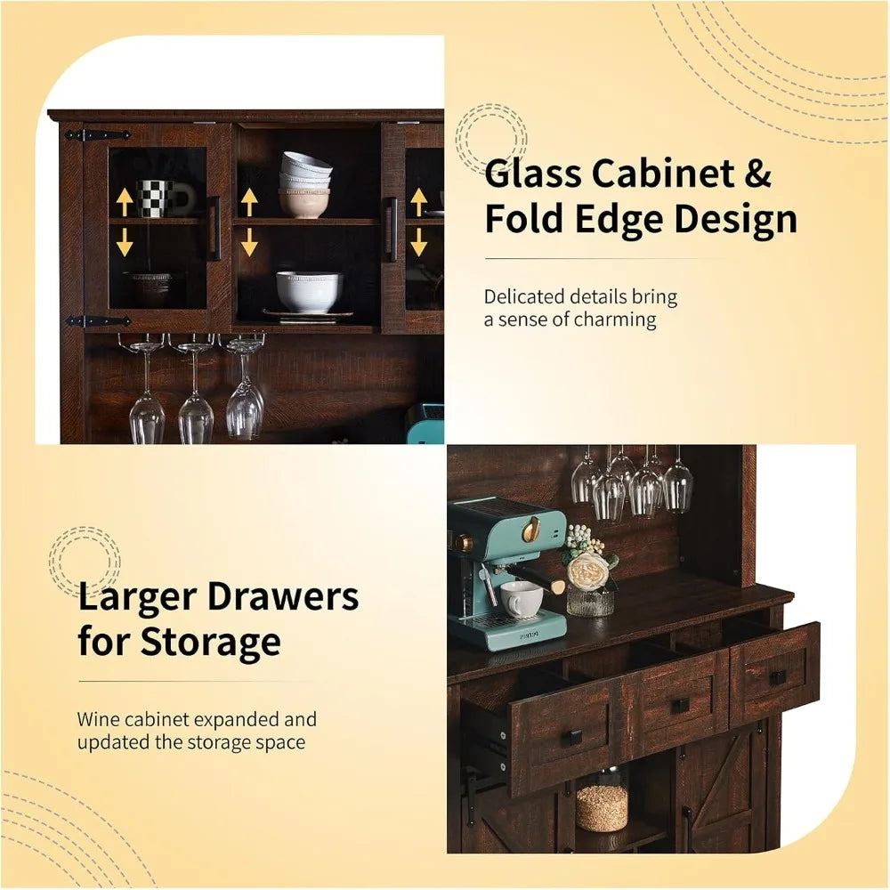 Sliding Barn Door & LED Lights, Sideboard Buffet Cabinet with Wine Bottle Rack, Drawers, Storage Cabinet for Kitchen