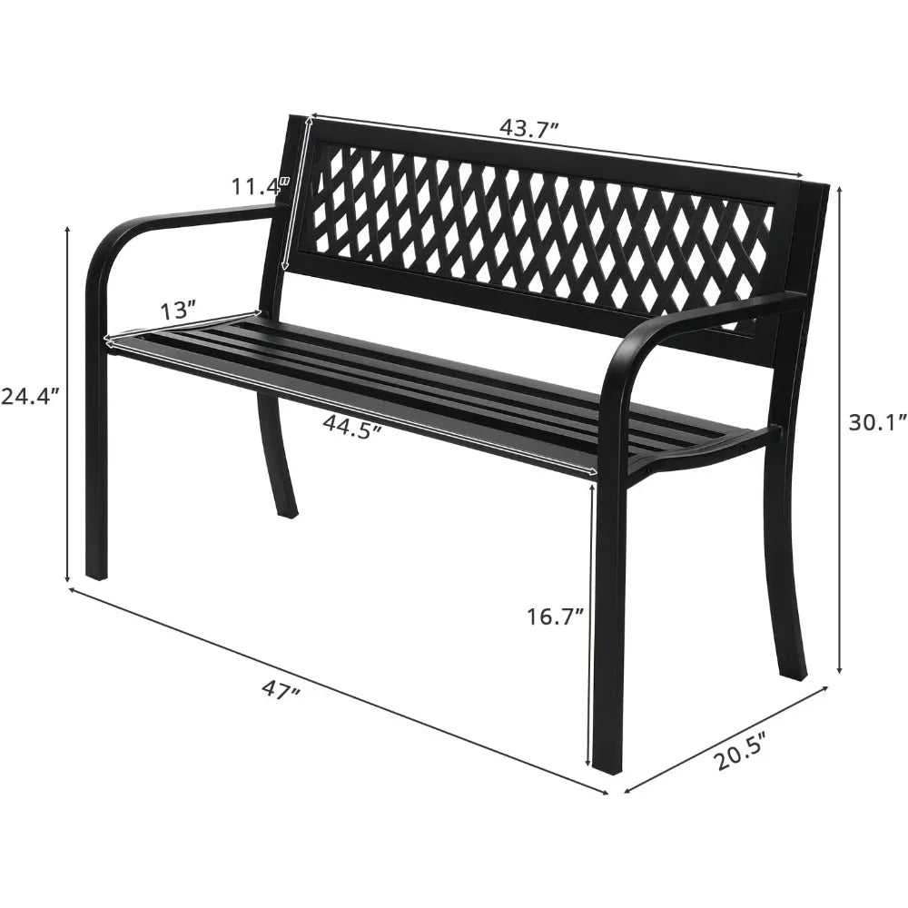 Banc de jardin d'extérieur, banc de porche en métal avec dossier en PVC, parc extérieur noir pour décoration de pelouse de cour, terrasse, entrée