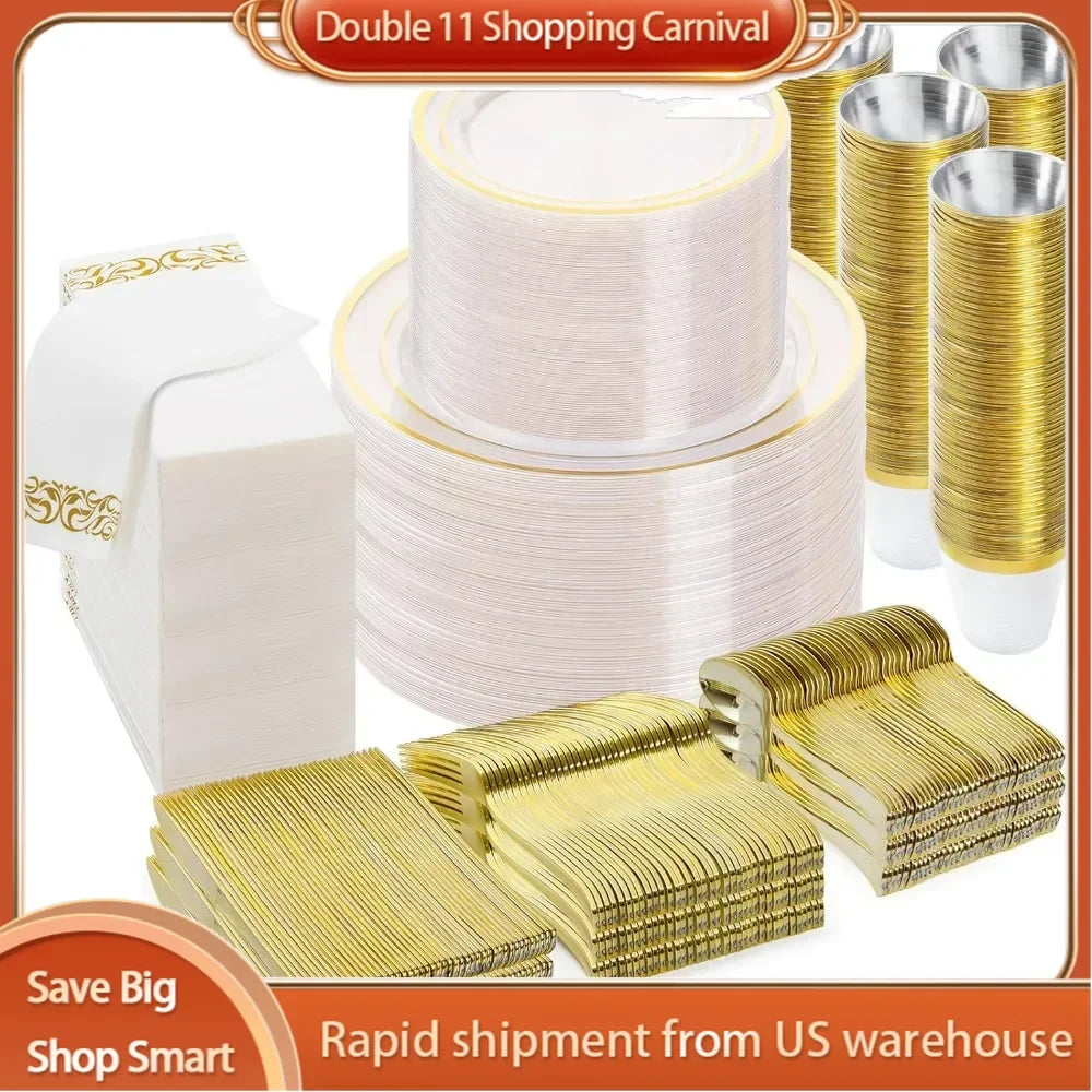 700PCS Clear Gold Disposable Dinnerware Set (100 Guests),for Party, Wedding,200 Plastic Plates,100 Gold Silverware, Cups,Napkins