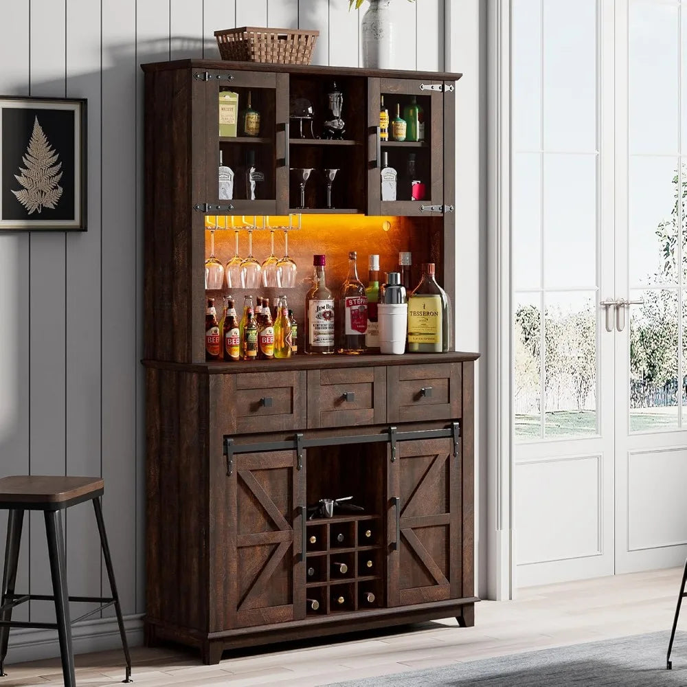 Sliding Barn Door & LED Lights, Sideboard Buffet Cabinet with Wine Bottle Rack, Drawers, Storage Cabinet for Kitchen