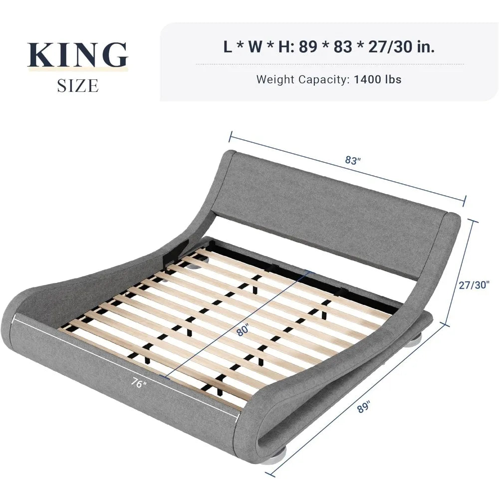 Cadre de lit king size avec tête de lit ergonomique et réglable, design moderne à plateforme rembourrée à profil bas