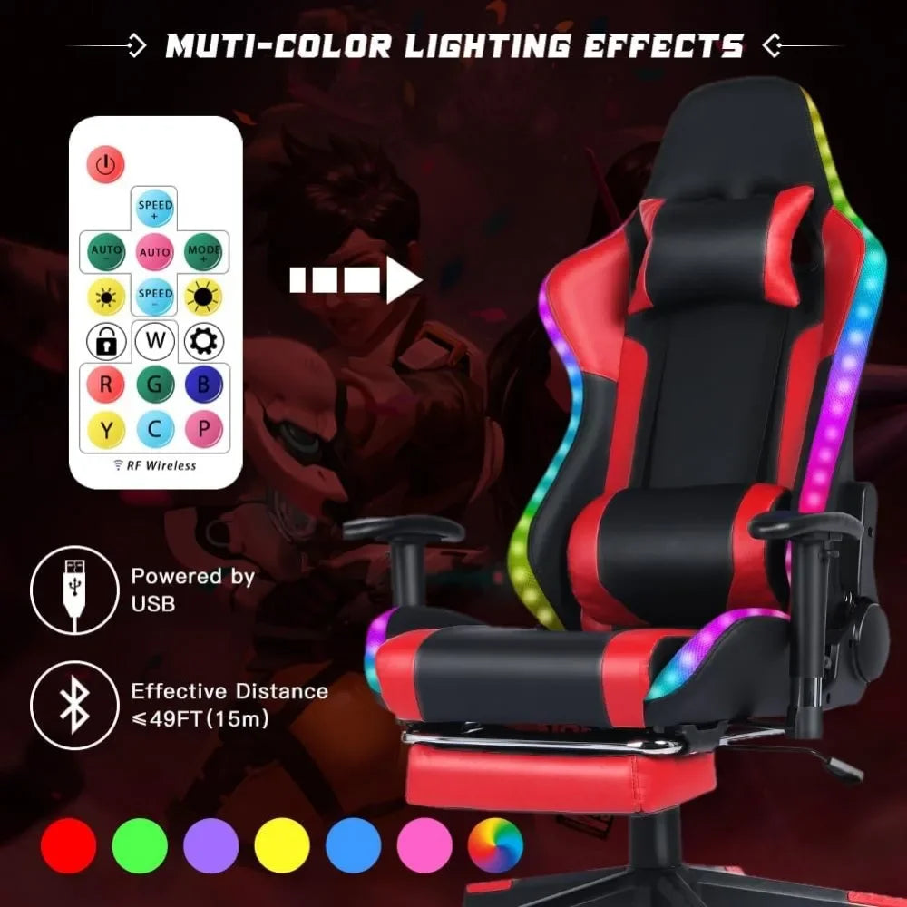 Red gaming chair with speaker, RGB LED lights, and rotatable footstool, with lumbar support headrest armrest,  GM