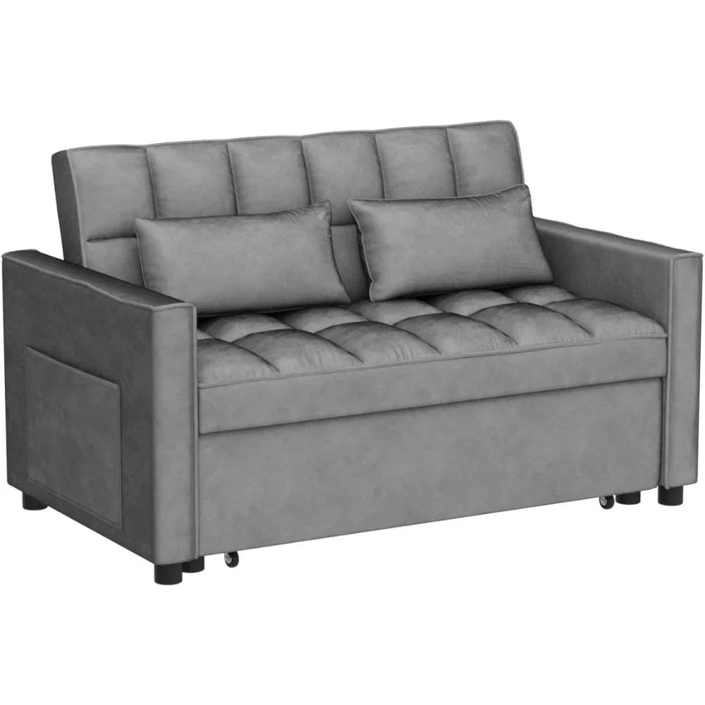 3 in 1 Modern Velvet Recliner Futon Sofa with Pullout Bed, Small Couple Seat Lounge Sofa, Living Room Furniture, Gray