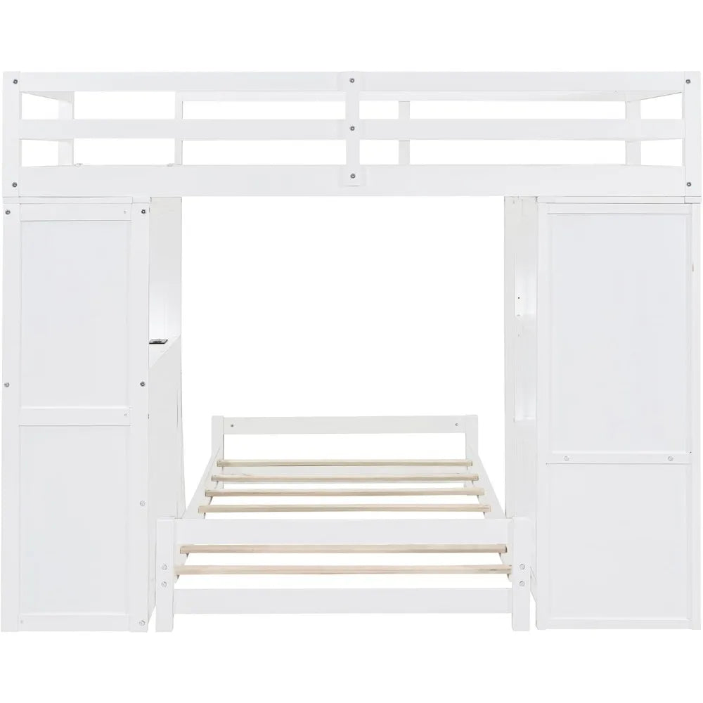 bed，Twin Over Twin Bunk Beds with Built-in Desk & Shelves,Soild Wood Bed Frame with 5 Storage Drawers, LED Light and USB Ports,