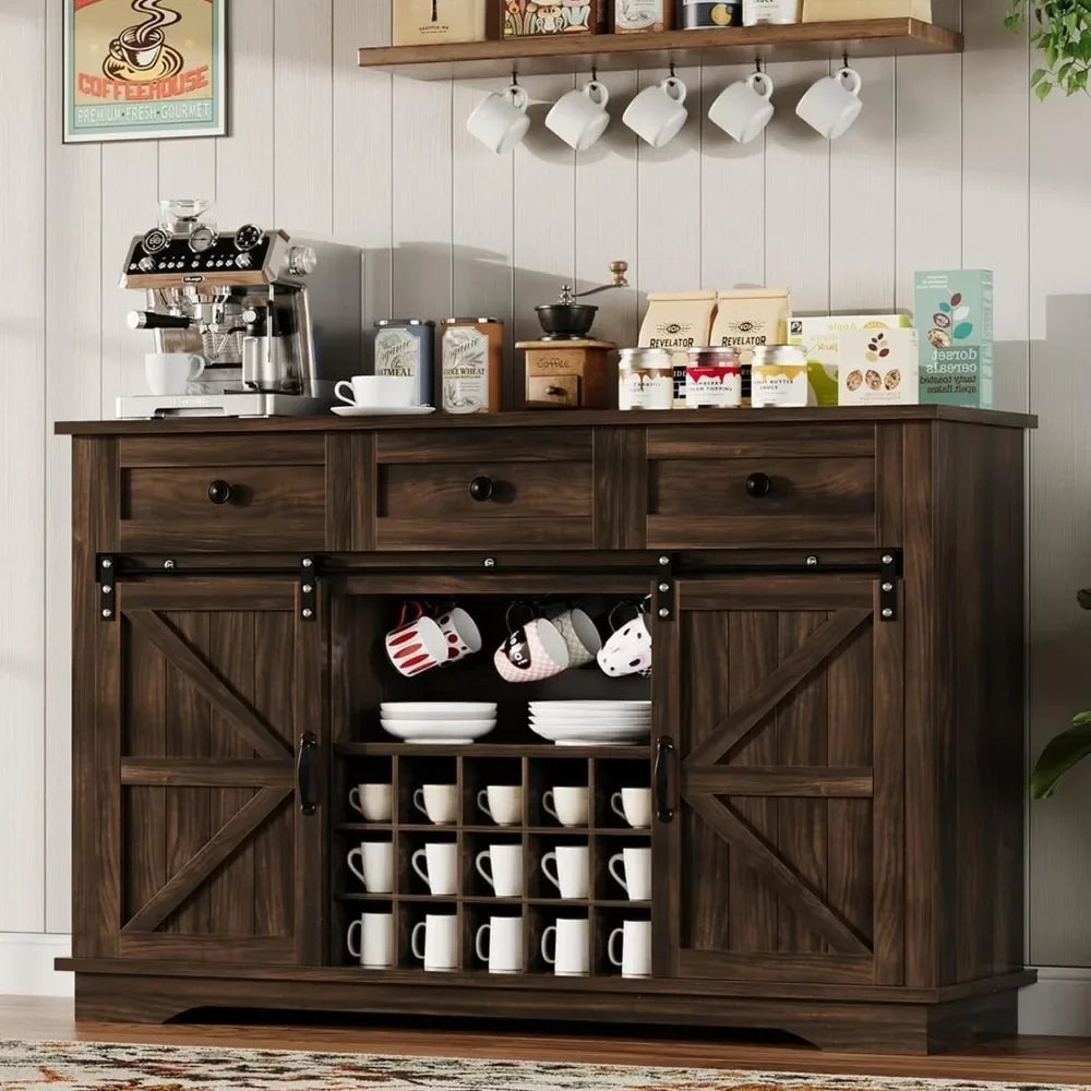 Mueble bar de café estilo granja con espacio de almacenamiento, mueble buffet de 54 pulgadas con 3 cajones, mueble bar para vinos, muebles de bar para el hogar