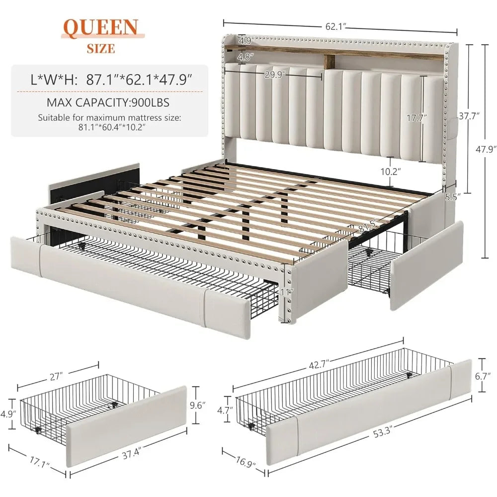 Cadre de lit double/queen avec 3 tiroirs, rembourré, avec tête de lit, avec rangement, assemblage facile, cadre de lit double/queen