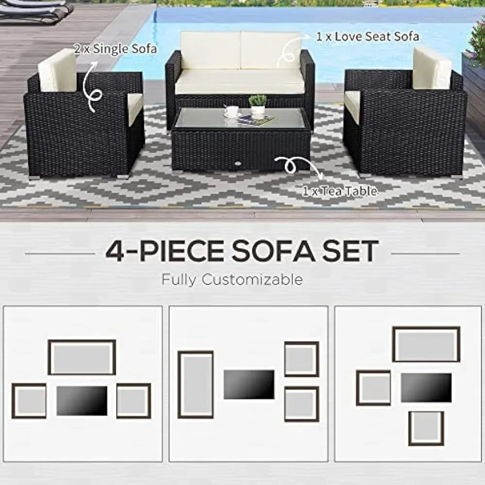 4 Piece Outdoor Sectional Furniture with 2 Sofa, Loveseat, and Glass Top Coffee Table, Conversation Sofa Sets for Garden, White