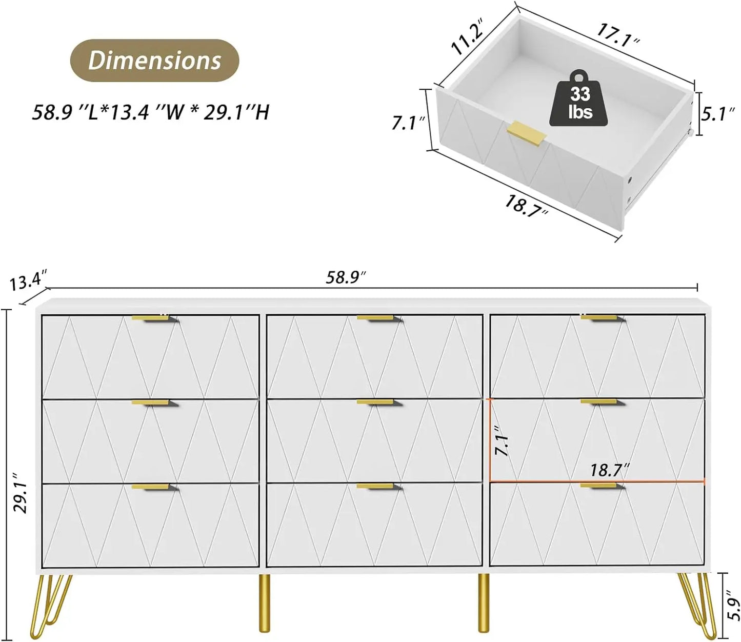 Drawer Dresser for Bedroom, Dressers & Chest of Drawers with Gold Handles, Large Modern Long Dressers Wooden Storage Organizer