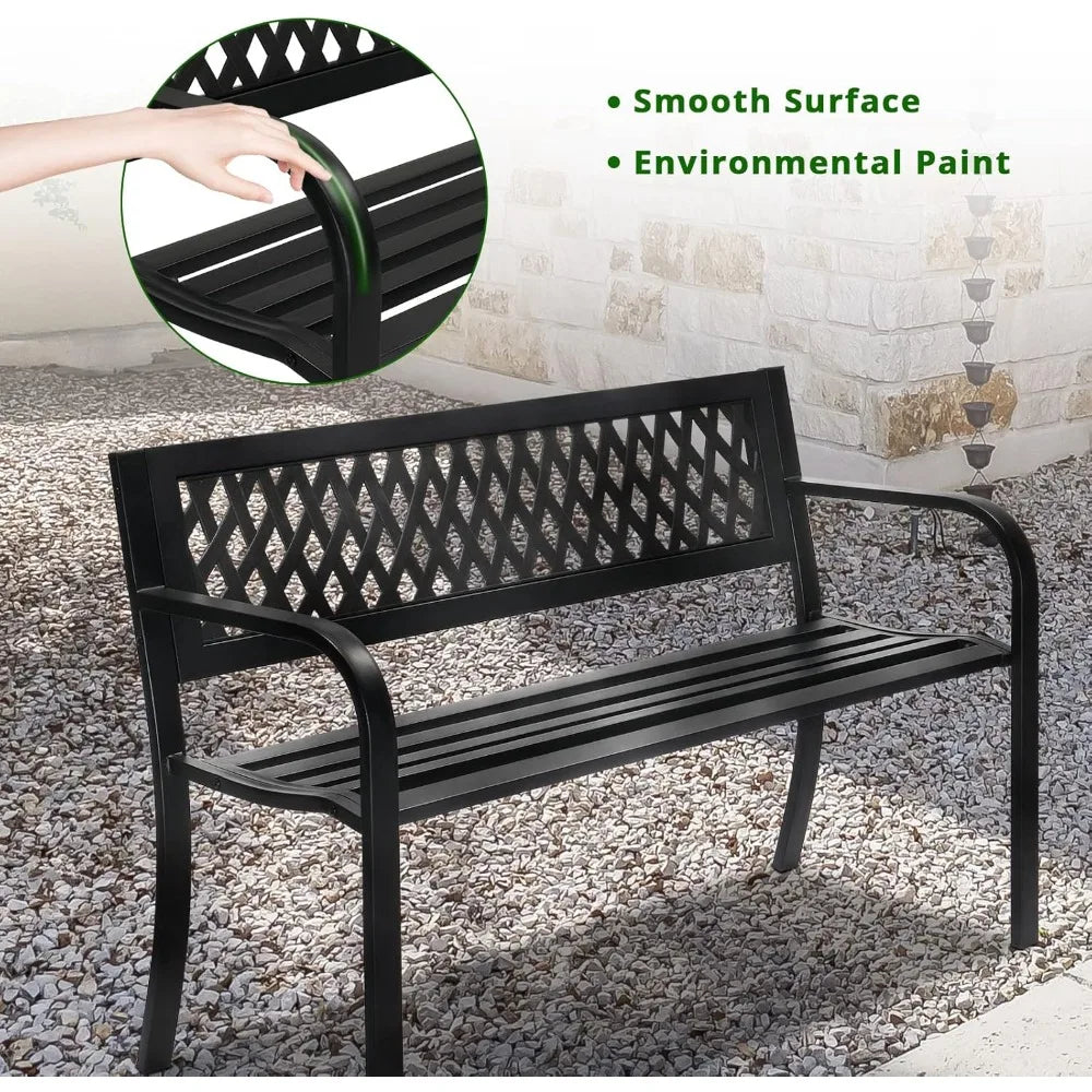 Banc de jardin d'extérieur, banc de porche en métal avec dossier en PVC, parc extérieur noir pour décoration de pelouse de cour, terrasse, entrée