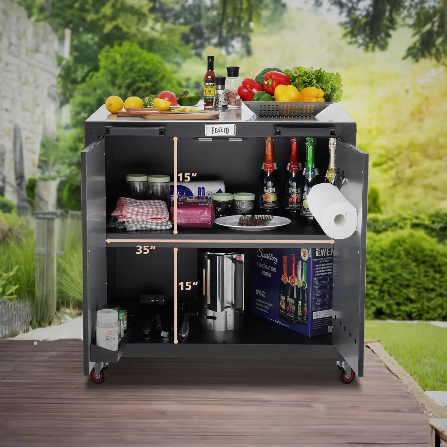 Mesa de parrilla, parrilla tipo carrito para bar al aire libre con gabinete de almacenamiento, isla de cocina modular para exteriores, estación con cubierta de acero inoxidable 304