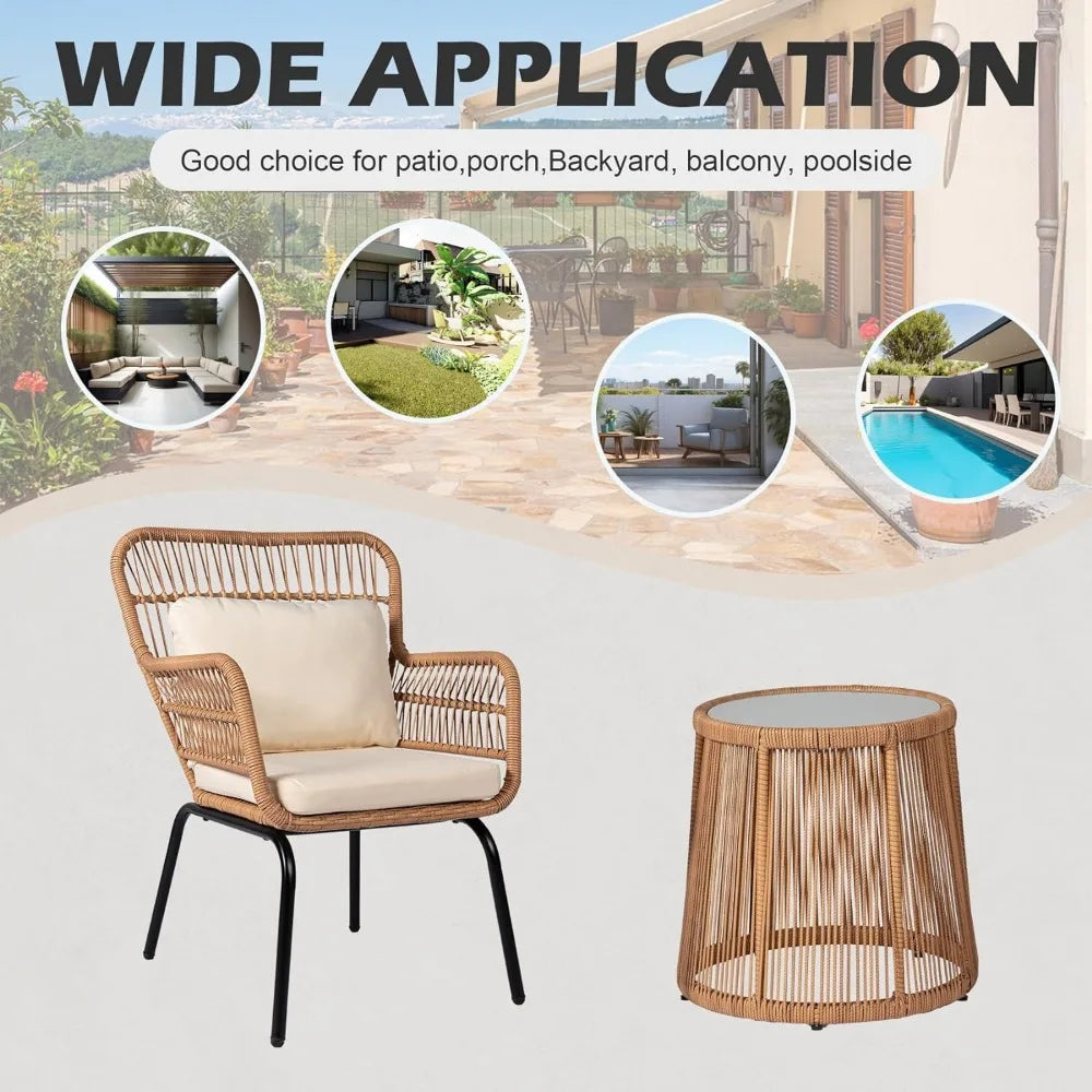 3 Piece Outdoor Wicker Furniture Bistro Set, Rattan Chairs Conversation Sets Porch Furniture, Wicker Patio Furniture for Balcony