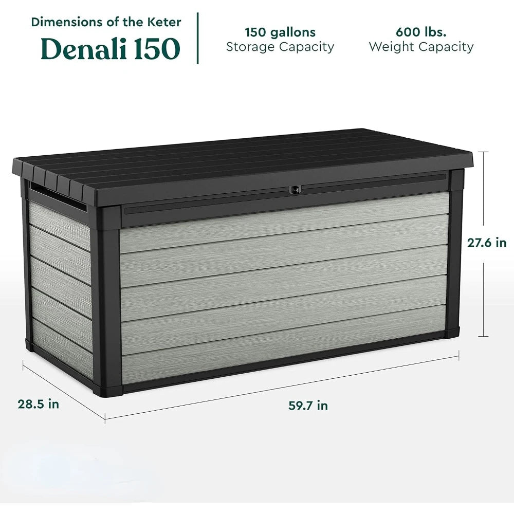 Caja de cubierta de resina de 150 galones de gran tamaño: organización y almacenamiento para muebles de patio, cojines de exterior, herramientas de jardín, caja de cubierta