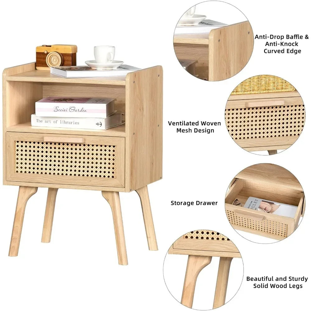 Rattan Nightstands Set of 1, Cane Accent Bedside End Table with Solid Wood Legs for Bedroom, Dorm and Small Spaces