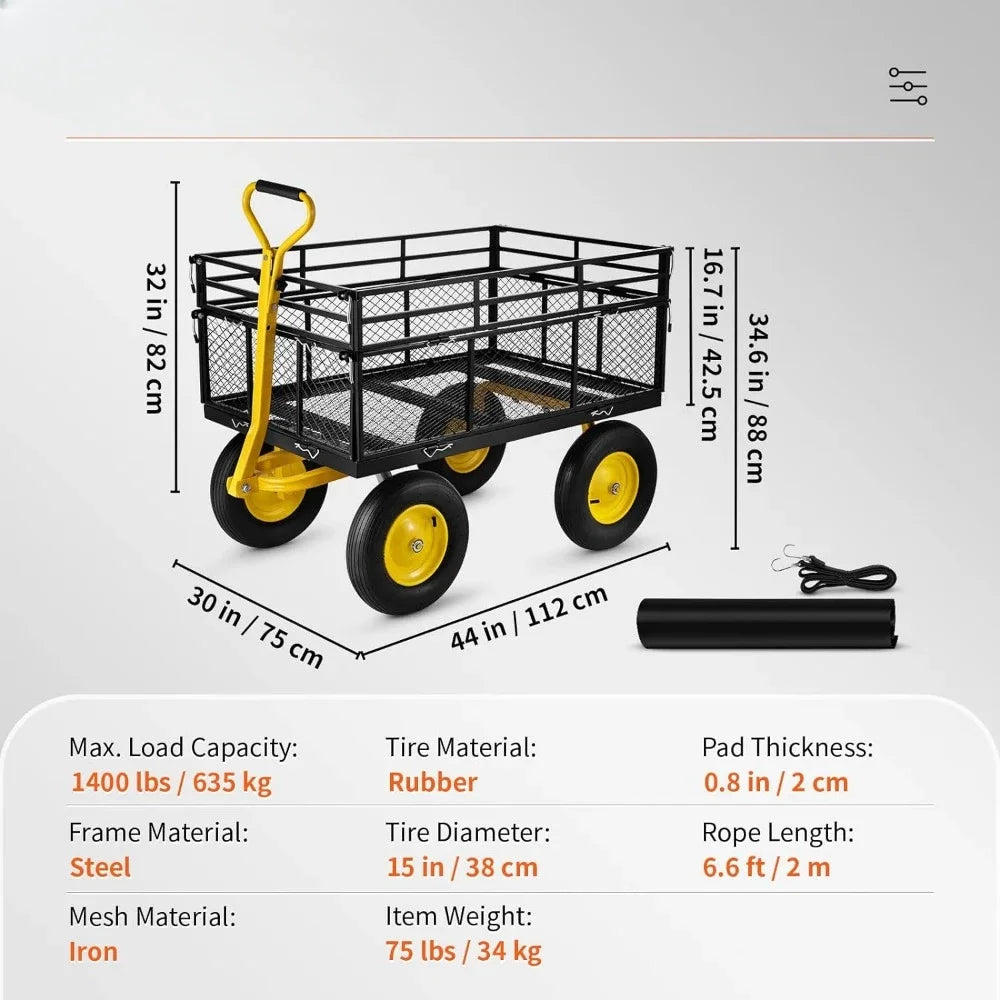 Wagon cart With Removable Mesh Sides to Convert Into Flatbed Camping Trolley Cart Heavy Duty 1400 Lbs Capacity Steel Garden Cart