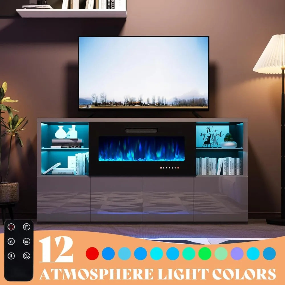 Meuble TV avec cheminée, centre de divertissement avec cheminée et lumières LED pour téléviseurs, meuble console TV avec support réglable